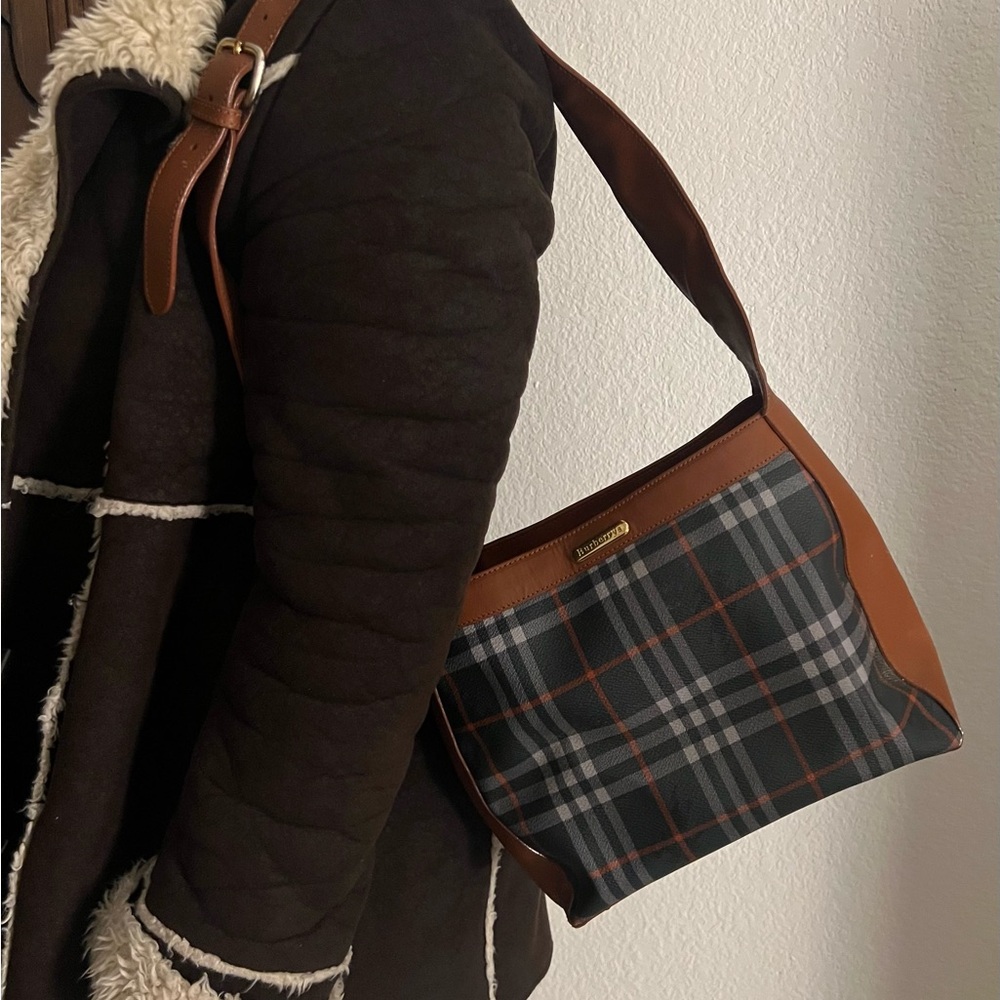 Vintage Burberry Navy Red and Gray Plaid Leather Shoulder Bag with Tan Trim